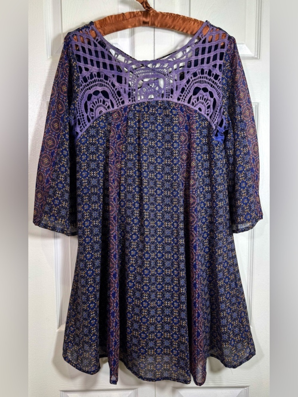 japna dress navy crochet boho hippie lined floral small